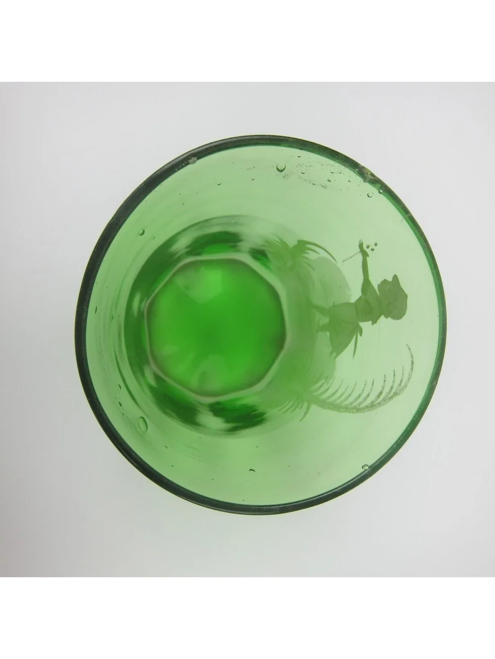 Antique Mary Gregory Green Drinking Glass Victorian Tumbler Girl Flowers 1890s